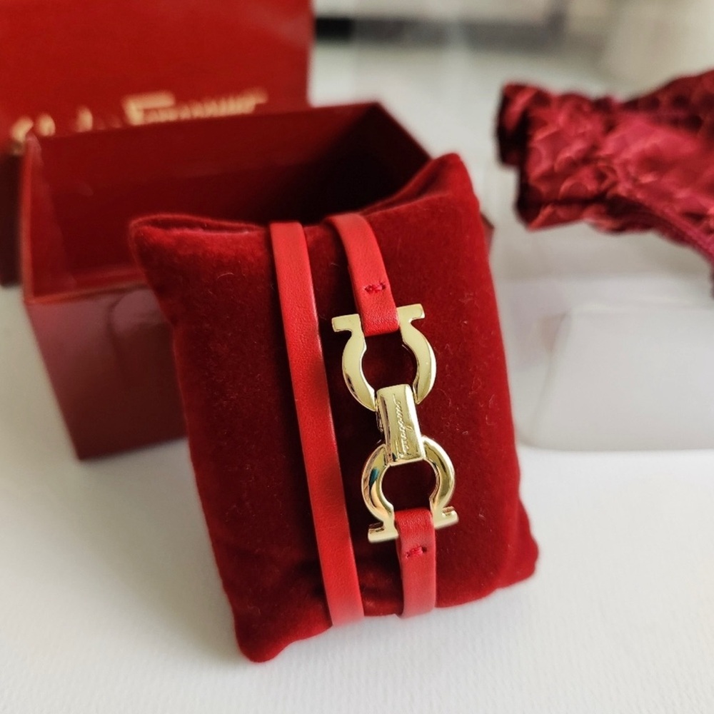 Salvatore Ferragamo Red and Gold Double Gancini Bracelet